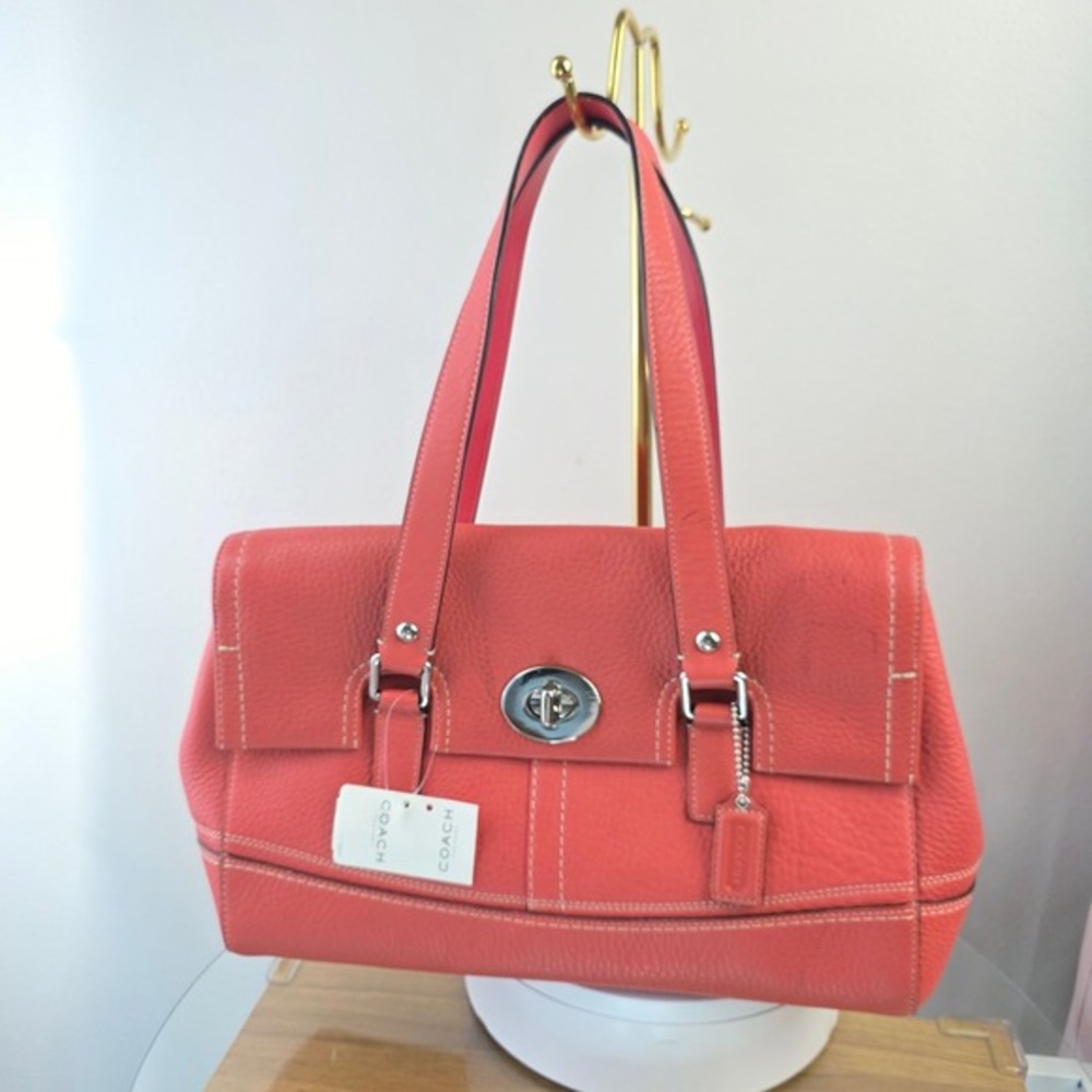 Coach Hamilton Pebbled Leather Satchel Shoulder Bag Orange Coral Tote Purse‎